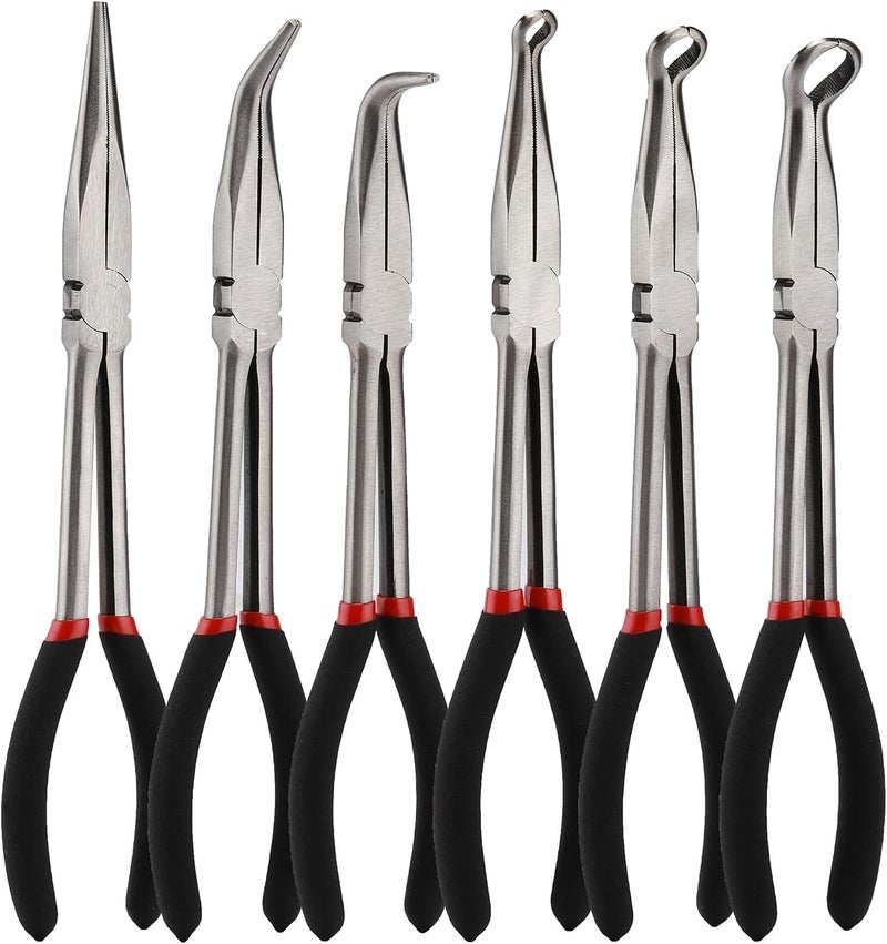 Mayouko 6PCS Extra Long Reach Pliers Set, 11" Straight, 45 and 90 Bent Nose, 5/16", 1/2" and 3/4" Circle Nose Pliers - Image 1